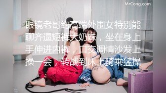 眼镜老哥约高端外围女特别能聊齐逼短裤大奶妹，坐在身上手伸进内裤，口交调情沙发上操一会，转战到床上骑乘猛操