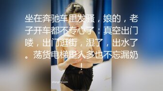 坐在奔驰车里发骚，娘的，老子开车都不专心了：真空出门喽，出门逛街，湿了，出水了。荡货电梯里人多也不忘漏奶！